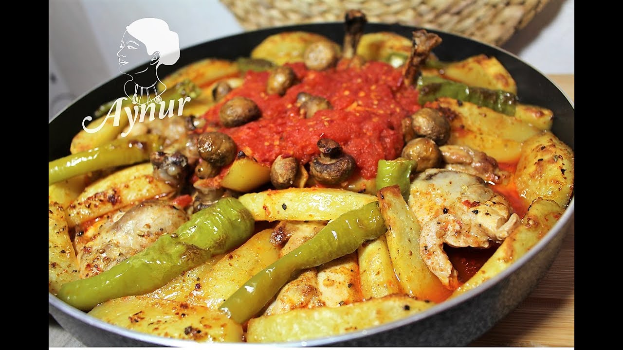 Hähnchenkeule mit Kartoffeln und Cahmpignons im Ofen I Tavuk butlu tepsi kebabi