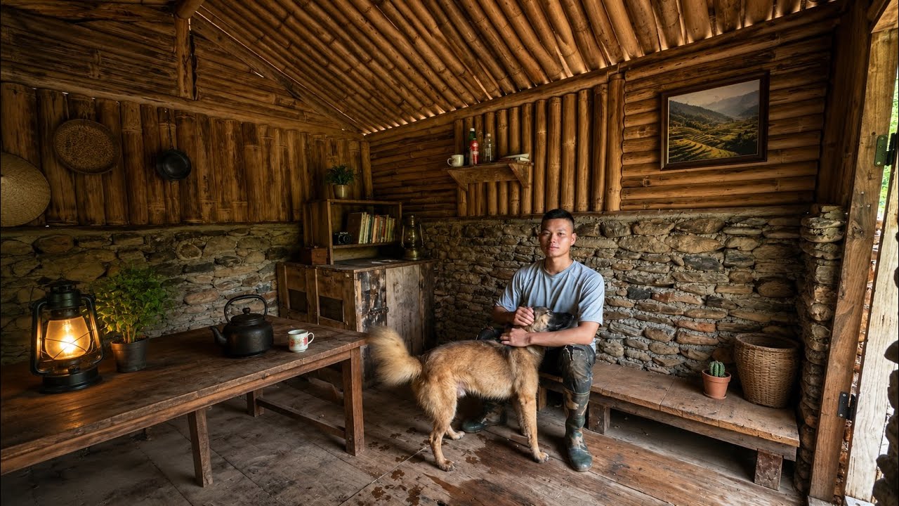 Cooking in the cabin. Closing the wooden storage cabinet.