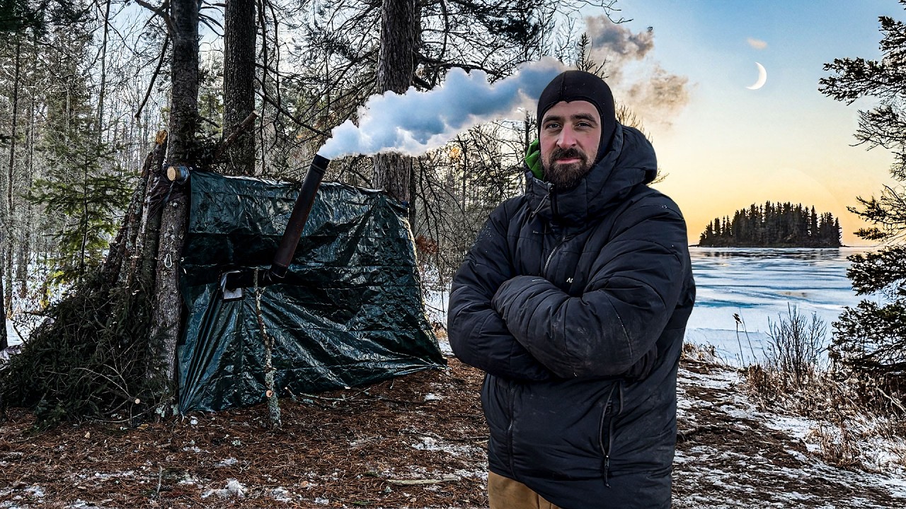 Surviving Dangerous Wind & Cold in Bushcraft Cabin on an Island!