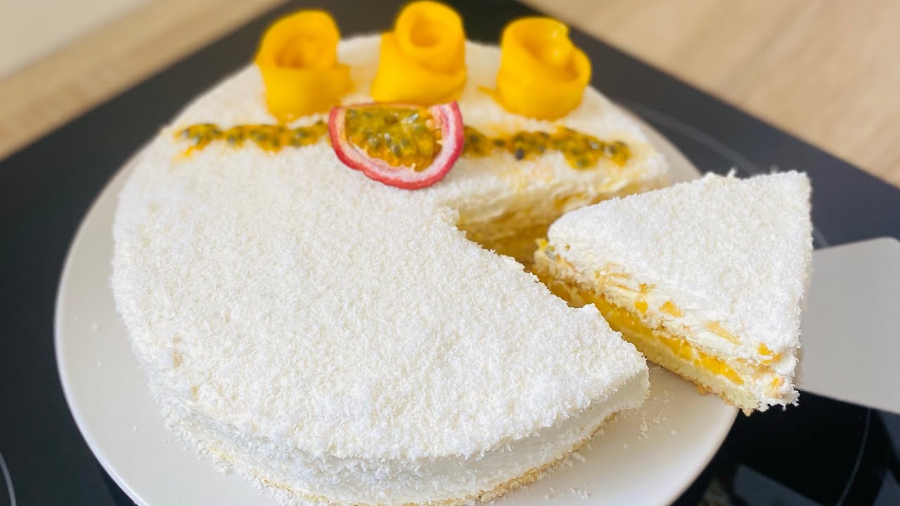 Gâteau exotique mangue - passion - noix de coco