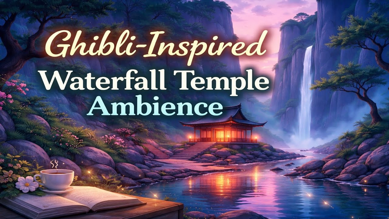 Ghibli Inspired Waterfall Temple Ambience Slow Piano & Soft Strings for Relax, Study, Sleep