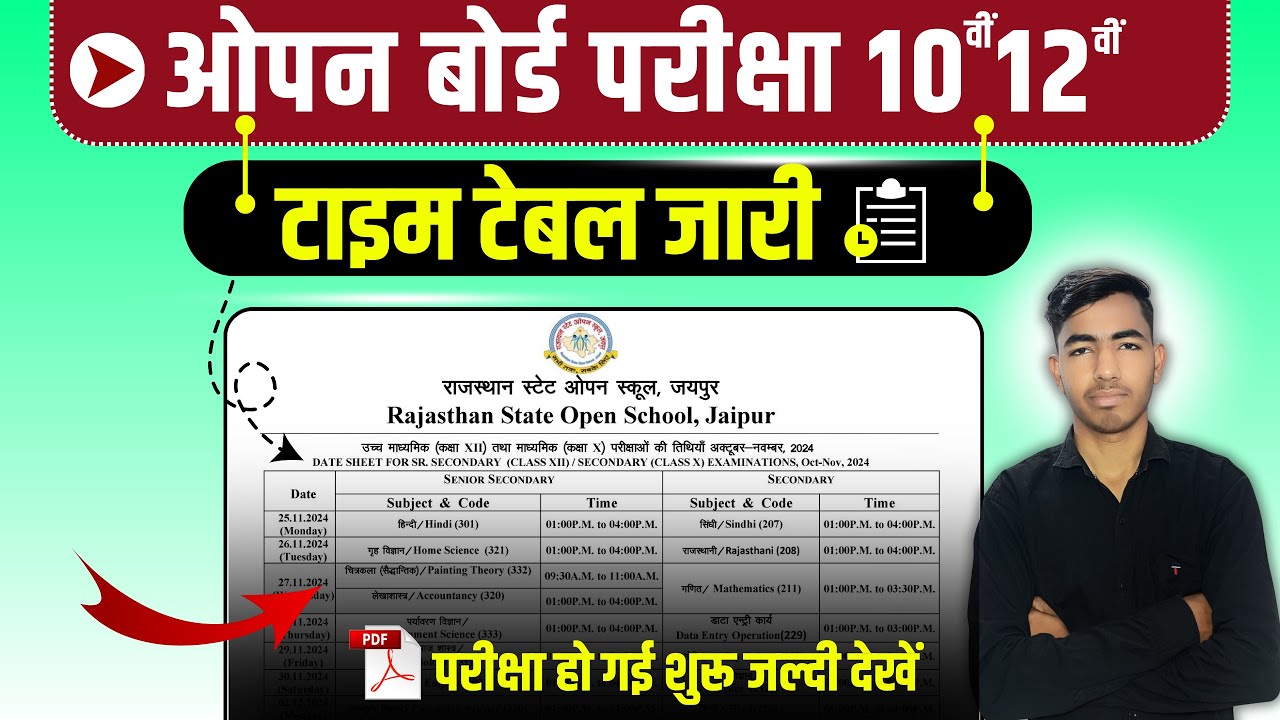 Rajasthan state open board exam time table 2024 10th 12th