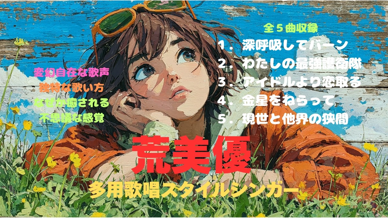 歌：荒美優　多用歌唱スタイルシンガー　全５曲収録　１．深呼吸してバーン　２．わたしの最強護衛隊　３．アイドルより恋取る　４．金星をねらって　５．現世と他界の狭間
