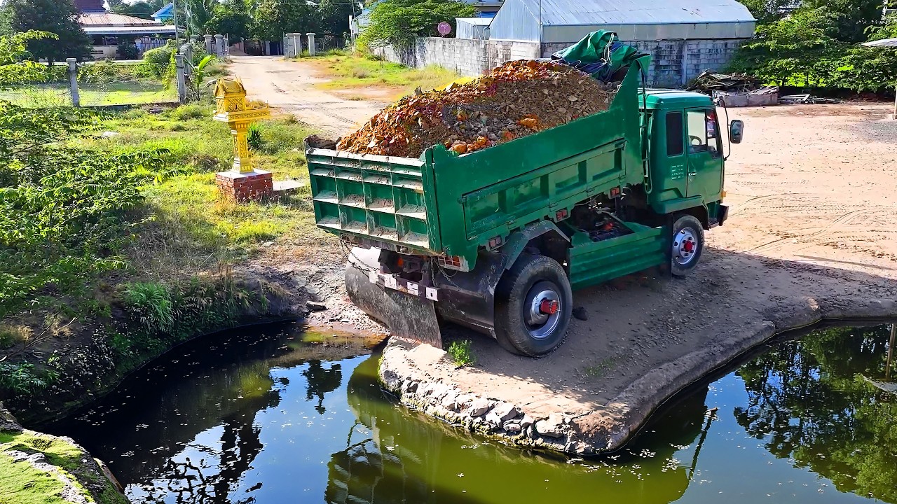 Incredible Watchful Delete Pond Land Filling By Team Dump Truck 5Ton Unloading & Bulldozer Push soil