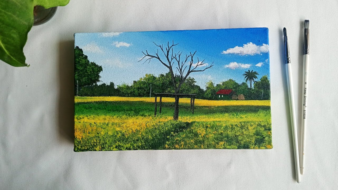 Mustard Field Landscape Scenery Painting Tutorial  | Easy Acrylic Scenery for Beginners