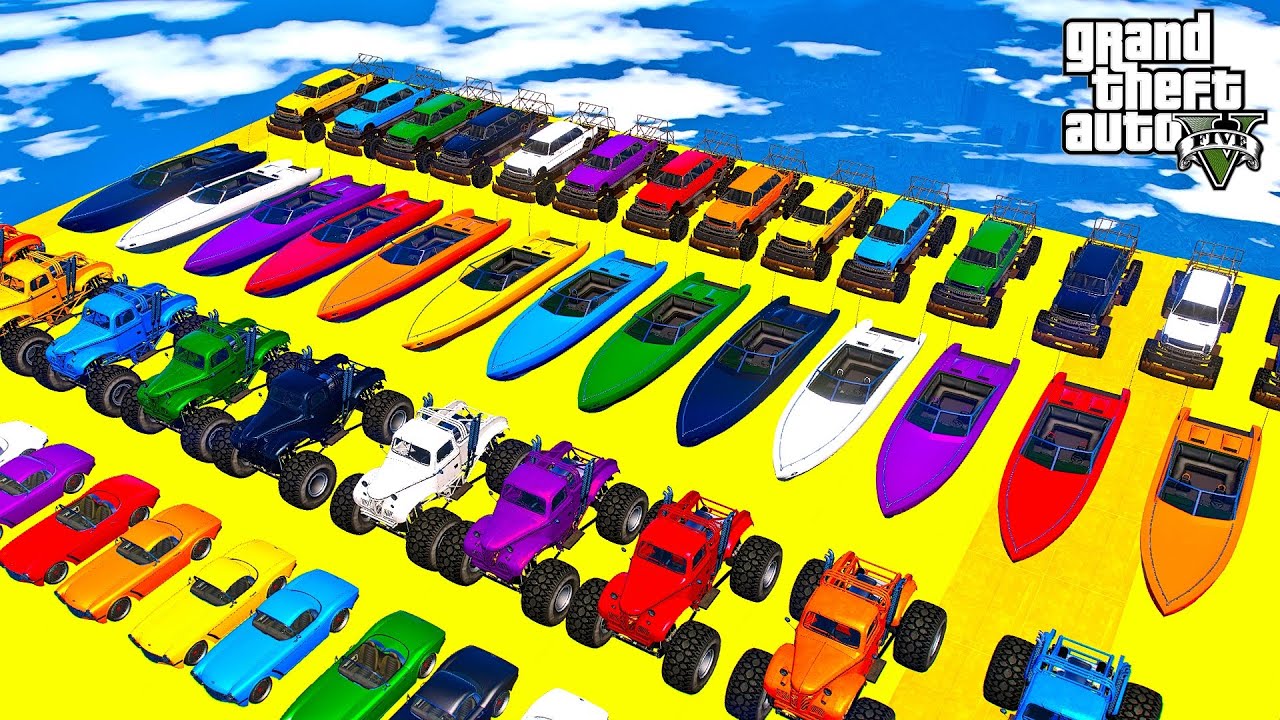 Epic Stunt Car Racing Challenge in GTA V: Spider-Man, Heroes & Friends with Cars, Planes & Boatsl