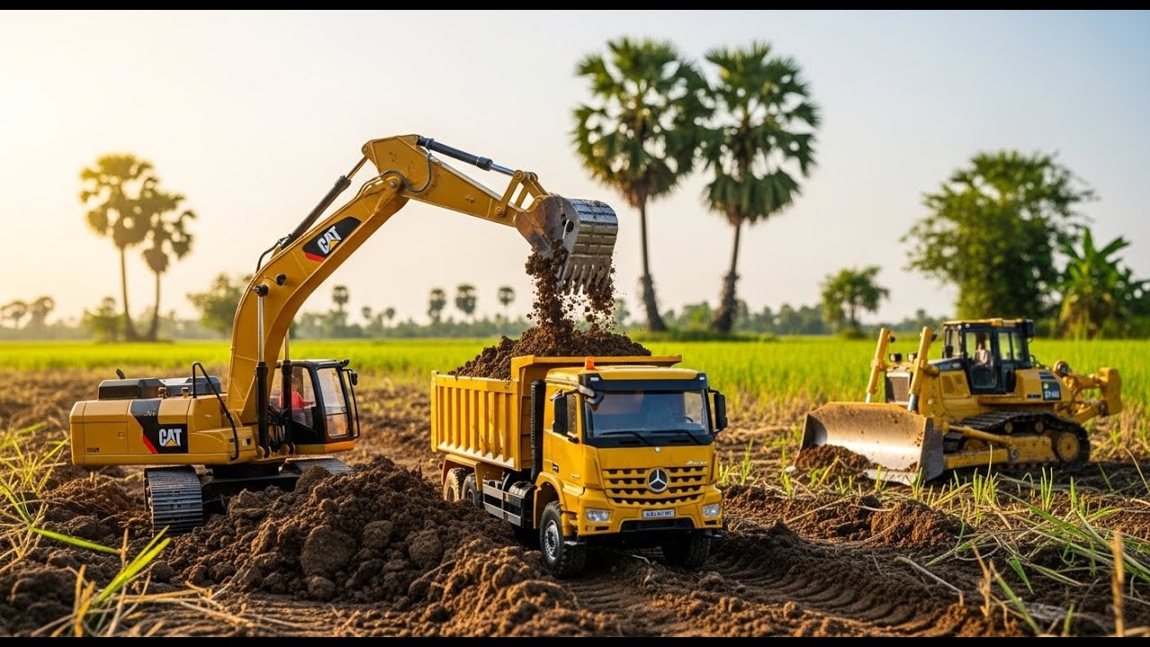 Realistic RC Excavator & Dump Truck Working in Cambodian Rice Fields.