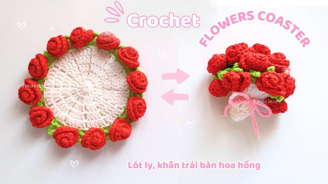 Cách móc đế lót ly hoa hồng, thảm hoa hồng chi tiết 🌹 How to crochet rose coasters, rose rug