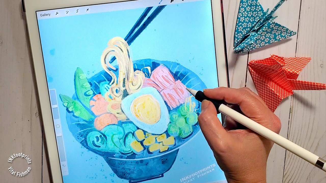 Drawing Ramen Noodles Bowl in Watercolors Real Art Process | Food Illustration | Procreate Tutorial