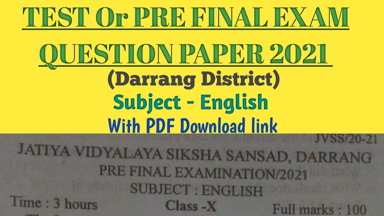 TEST Or PRE FINAL EXAM 2021| Class 10 | English | Darrang District | HSLC 2021 | You can learn