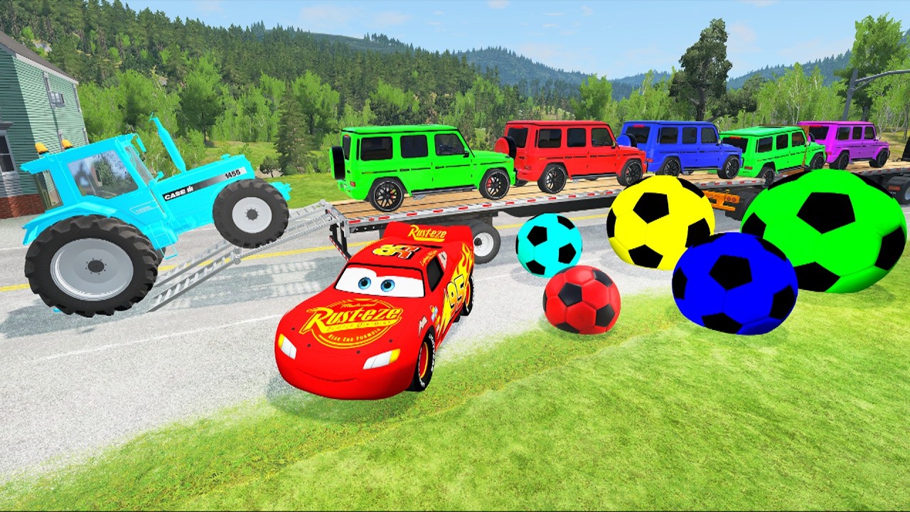 Mcqueen and police  tractor  Flatbed Trailer Truck BALL vs rails vs train ng Drive #N84