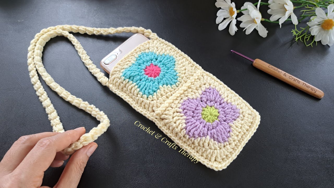 Super Cute Crochet Phone Bag Flower Granny Square  | Crochet Tutorial Step by Step