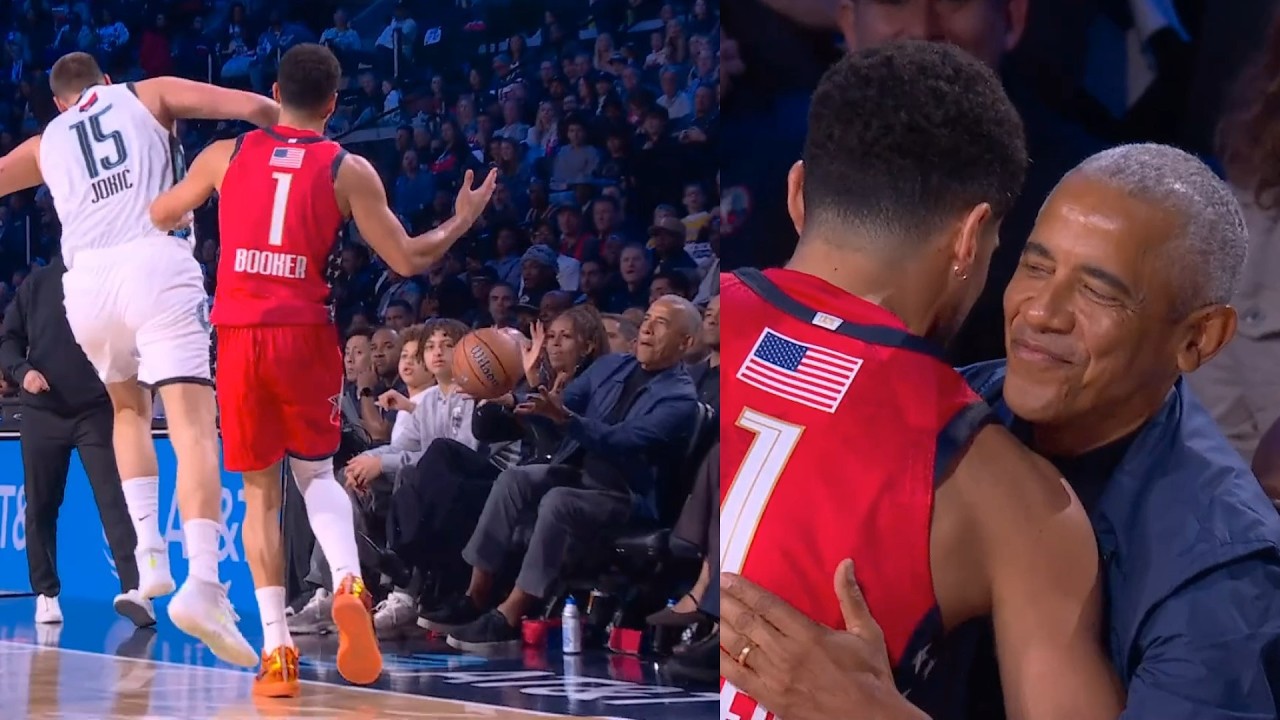 Devin Booker shoves Nikola Jokic to save Barack and Michelle Obama 😂