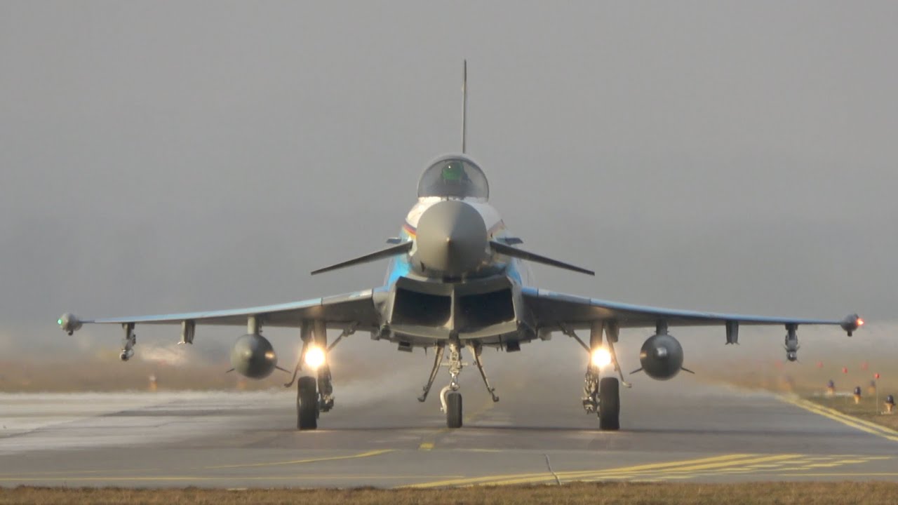 (4K) 6 Eurofighter Typhoon Takeoff from the Luftwaffe German Air Force at TaktLwG 74 Neuburg ETSN