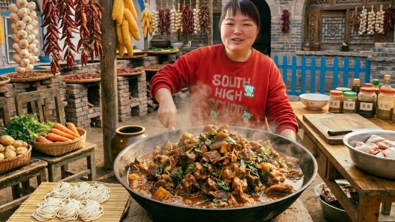 【陕北霞姐】地椒叶炖羊头最香的做法！软烂脱骨没膻味，霞姐在小院里架锅炖一桶，看馋了！