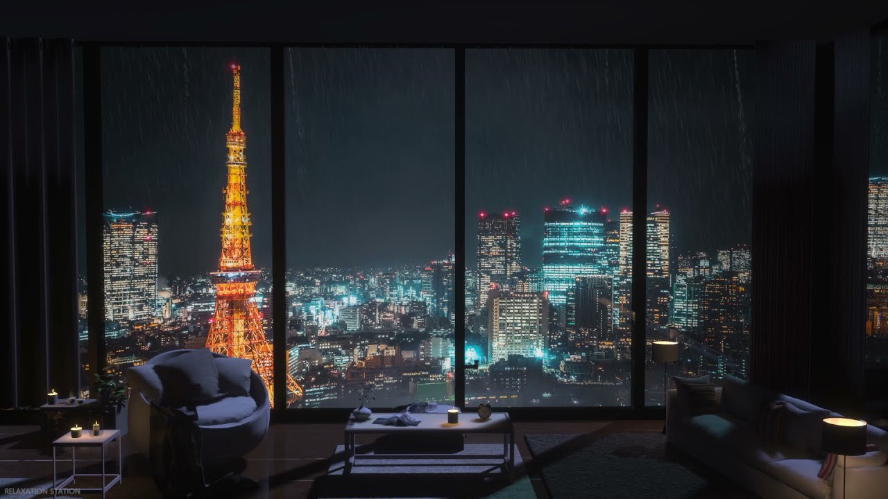 Beautiful view of Tokyo Tower from a luxury Japanese condo Rain and thunderstorm sounds for studying