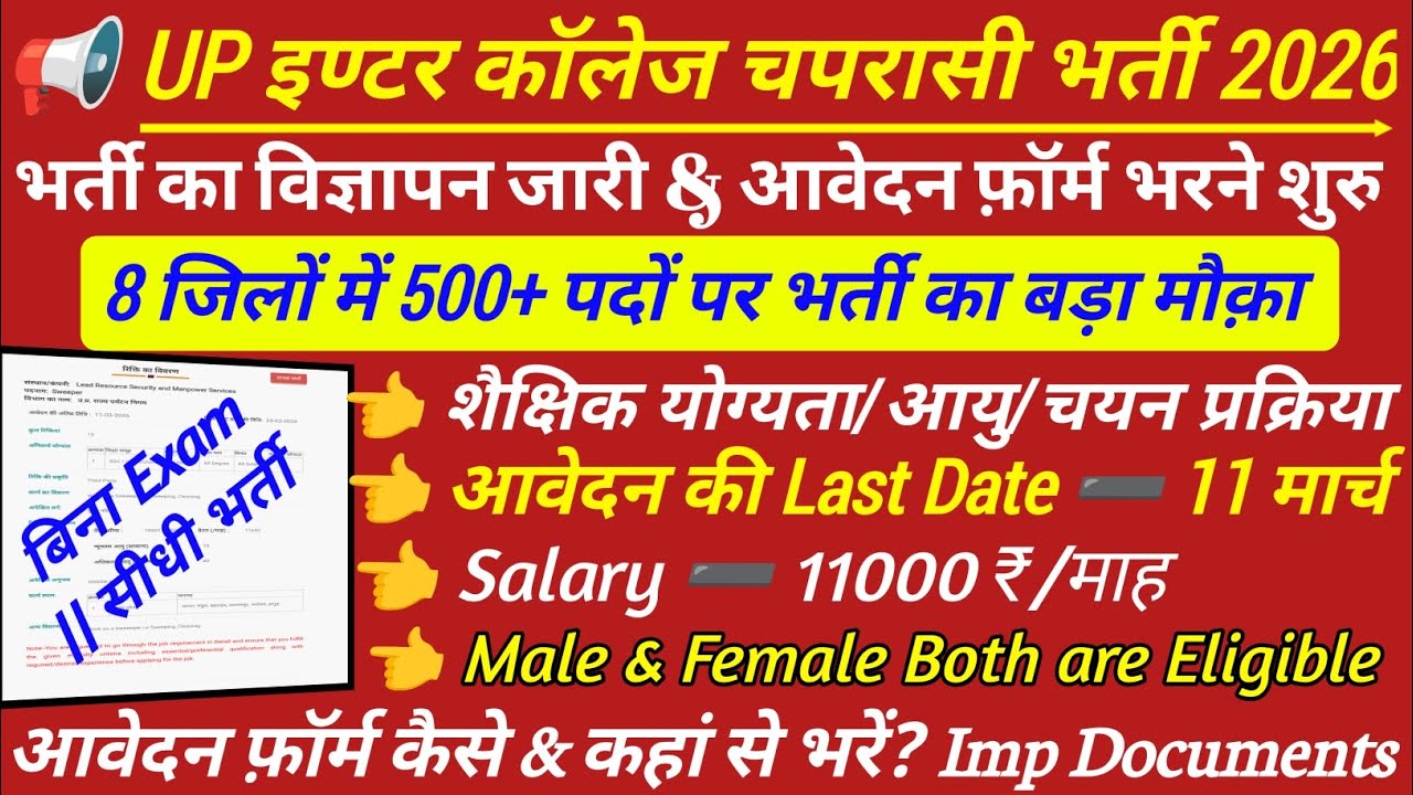यूपी इंटर कॉलेज चपरासी भर्ती 2026 || up safai Karmchari vacancy 2026 || up peon vacancy 2026 