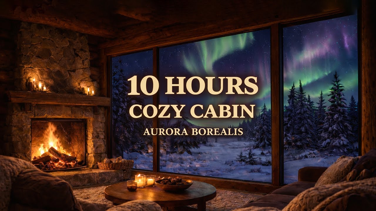 🔥 10 HOURS OF A COZY CABIN FIREPLACE | NORTHERN LIGHTS | RELAXING WINTER AMBIENCE ❄️