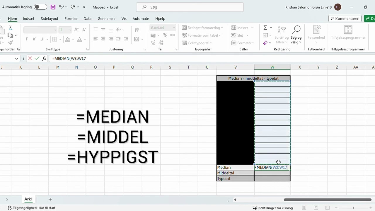 Gennemsnit, median og typetal med excel