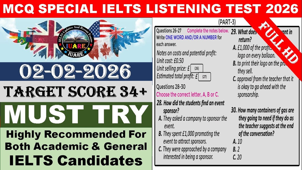 MCQ Special IELTS Exam Listening Test With Answers 2026 | 02-02-2026