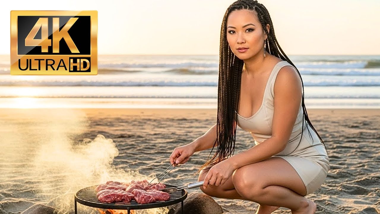 Beautiful woman surviving isolated for 48 hours on the beach —off-grid — living on hunted food crabs