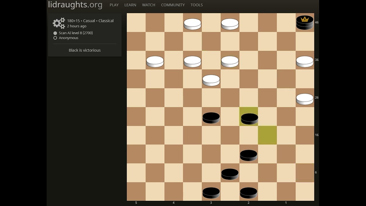 Anonymous won a 10x10 draughts game against Scan AI Level 8. 