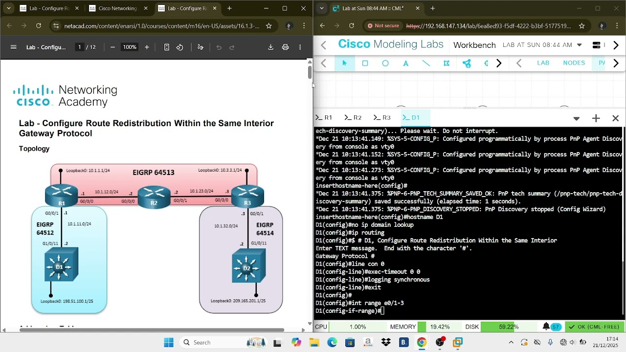 Modul 16 : 16.1.3 Lab - Configure Route Redistribution Within the Same Interior Gateway Protocol