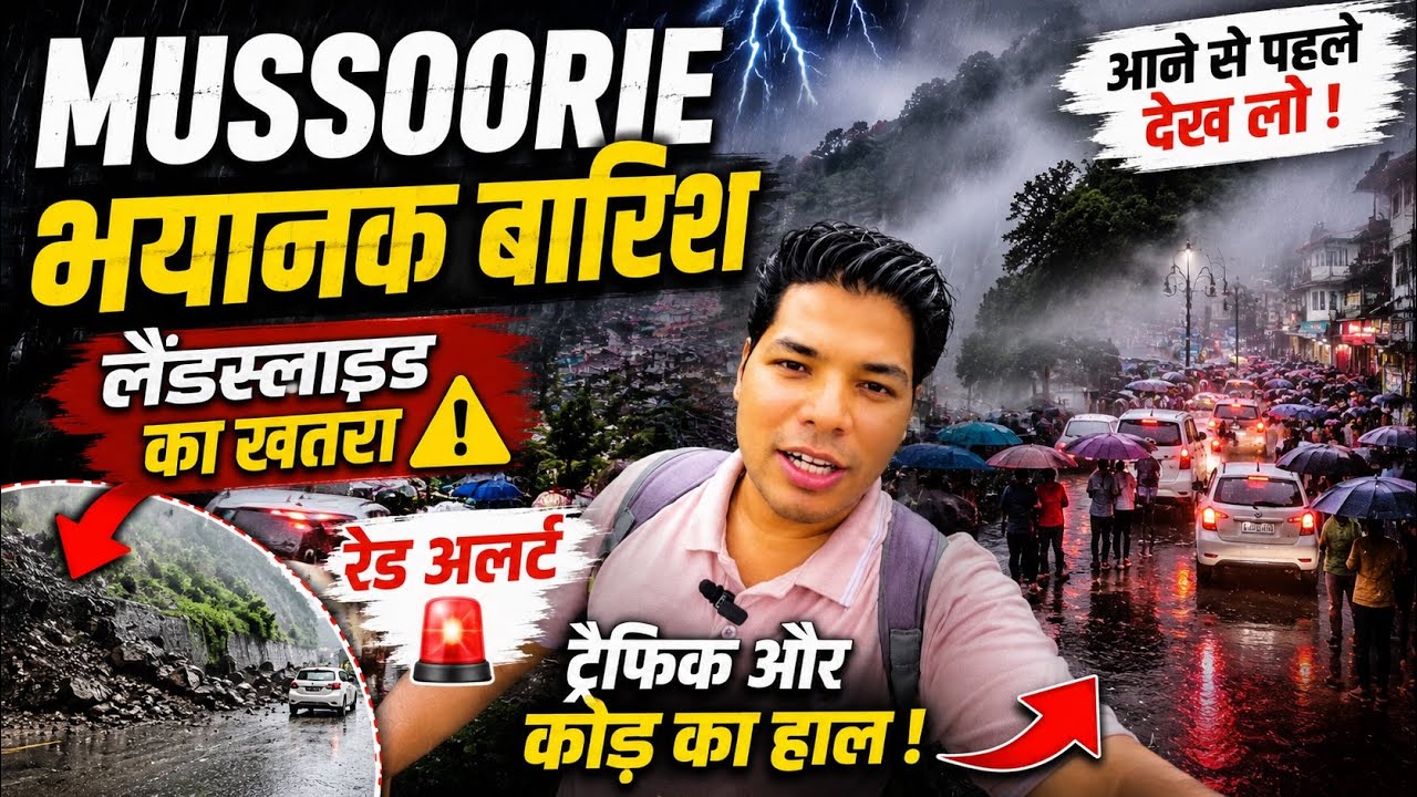 Mussoorie Today😱 Intense Rain and Dense Fog! ⚠️ Risk of Landslides, Traffic, and Massive Crowds