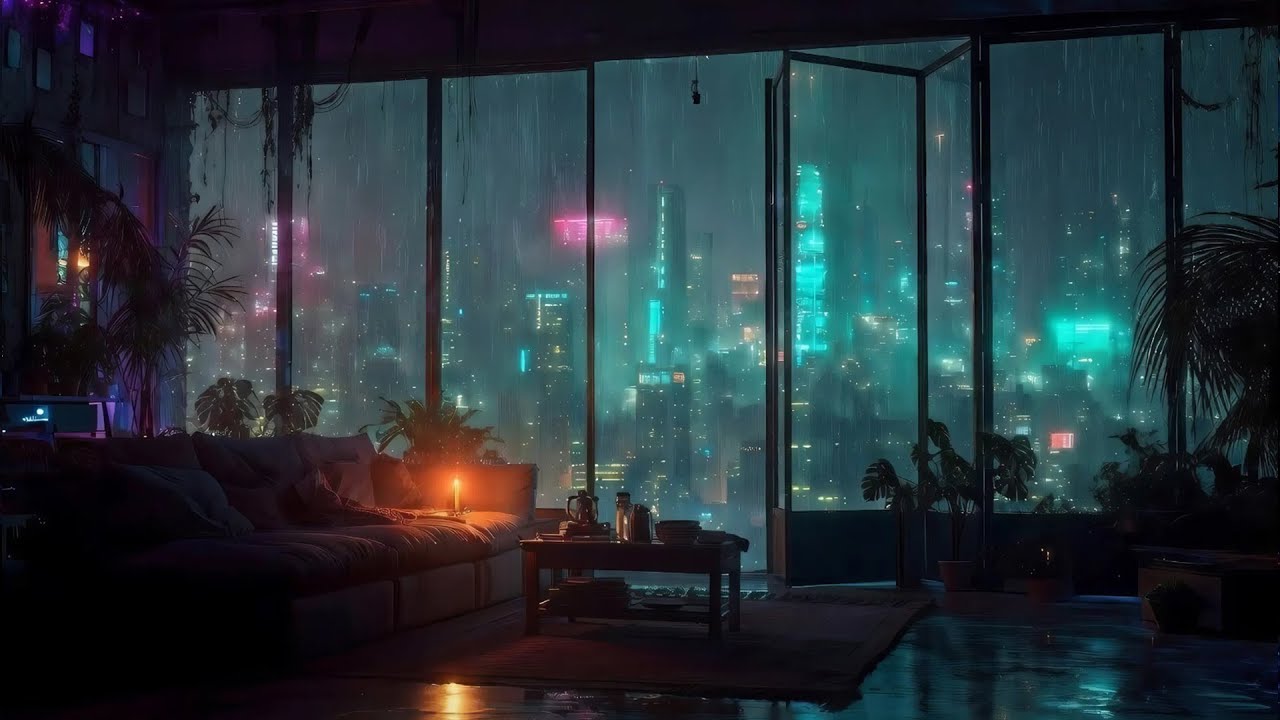 Rainy Night Jazz • Cozy Apartment with Neon City Glow • Sleep & Relax 🎷✨