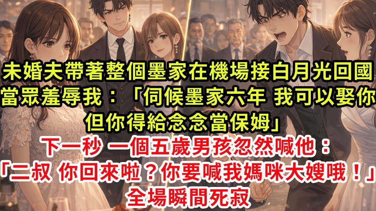 未婚夫帶著整個墨家接白月光回國，當眾羞辱我：「伺候墨家六年，我可以娶你，但你得給念念當保姆。」下一秒，一個五歲男孩忽然喊他：「二叔，你回來啦？你要喊我媽咪大嫂哦！」全場瞬間死寂。