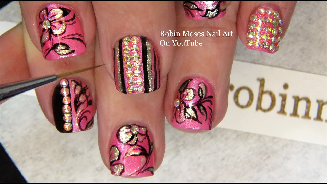 Pink and Black Filigree | Short Nails Bling + Flower Nail Art Design