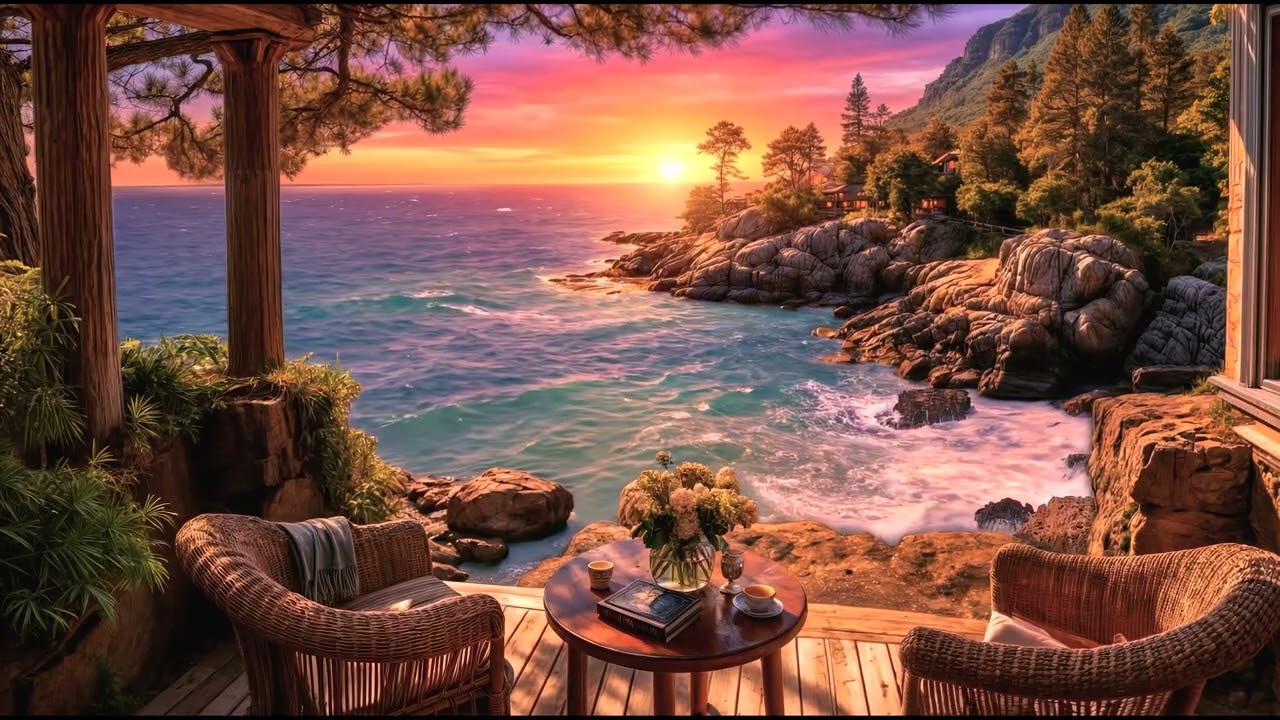 Cozy Ocean Balcony 🔥🌊 | Waves and Sunset Ambience for Relaxation and Deep Sleep | 4K