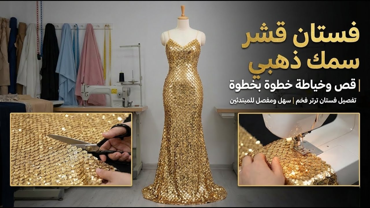 تفصيل فستان قشر سمك ترتر | طريقة قص وخياطة فستان ترتر فخم خطوة بخطوة