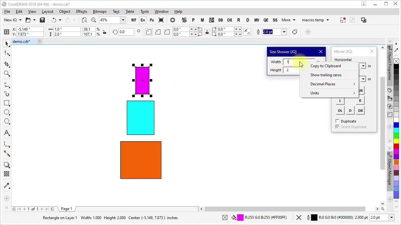 CorelDRAW macros: Size Shower and Mover demo