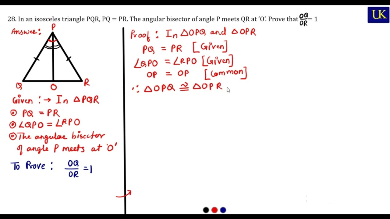 MQP-3 | 28.In an isosceles triangle PQR, PQ = PR. The angular bisector of angle P meets QR at ‘O’.