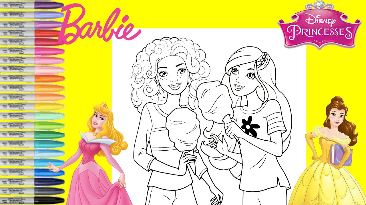 Barbie and Friends Makeover as Disney Princess Aurora and Belle Barbie Coloring Book Page