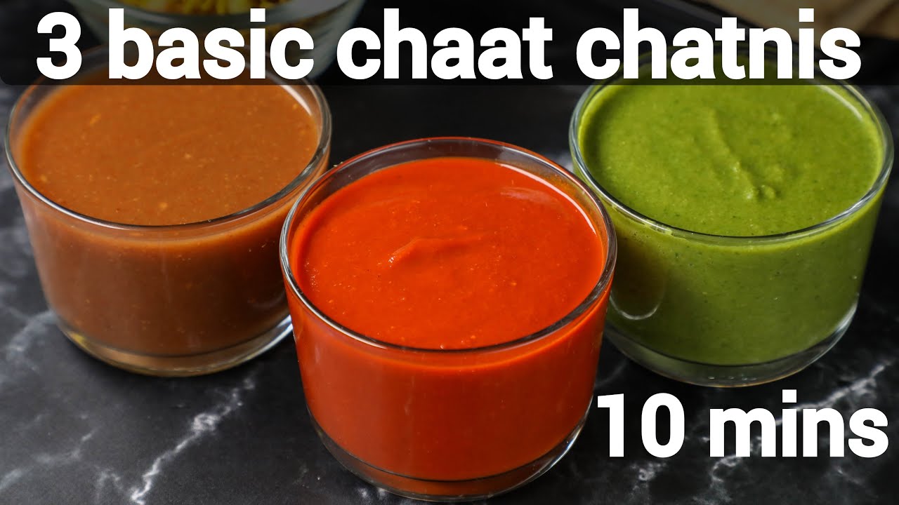 basic & essential 3 chaat chutney recipes - red chutney, green chutney & dates imli chutney