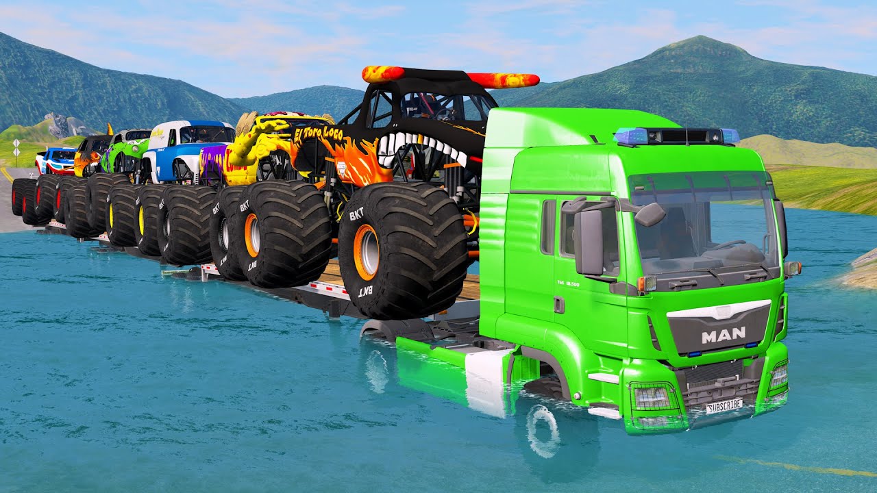 Double Flatbed Trailer Monster Trucks Transport with Slide Color - Cars vs Speed bump - BeamNG.drive