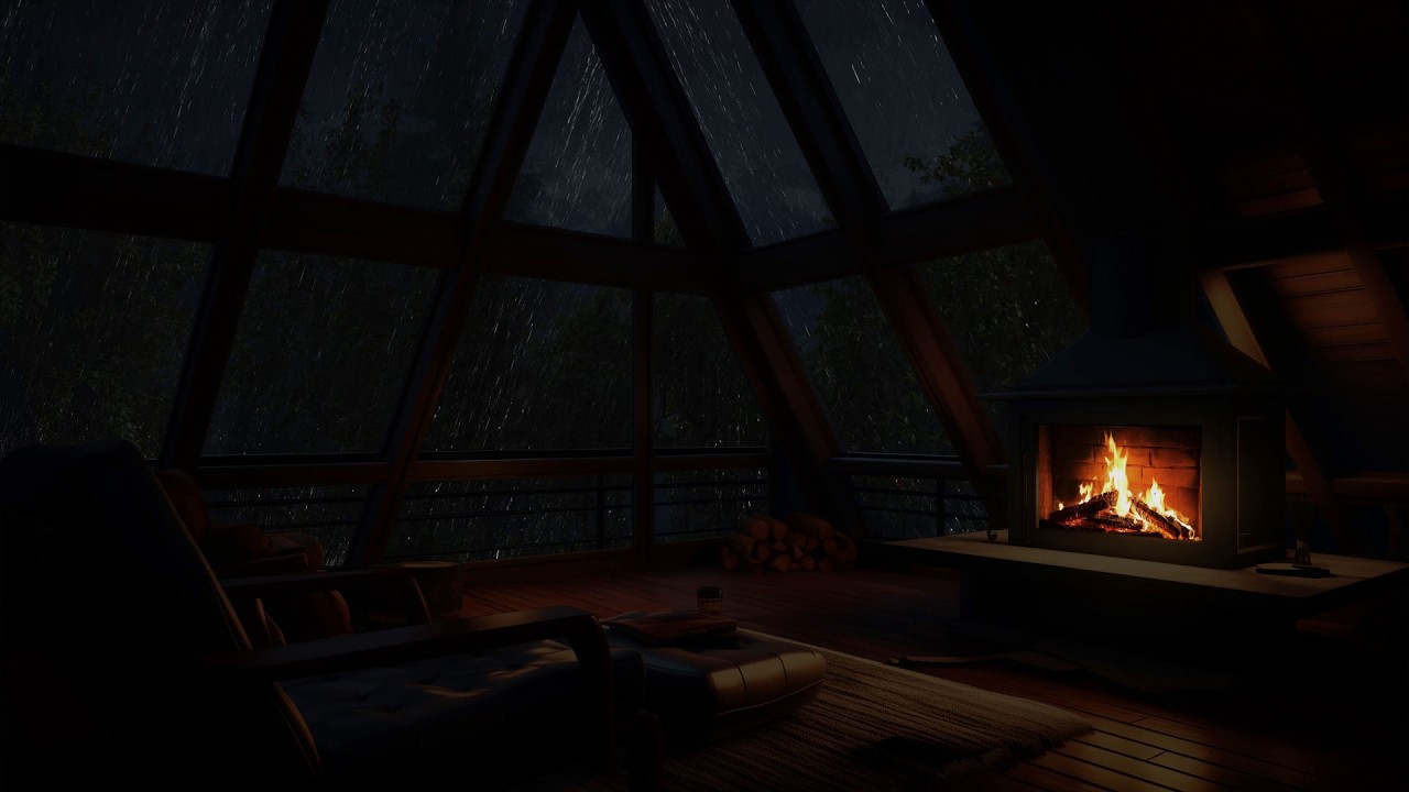 Noite tranquila em sótão acolhedor com lareira e chuva da floresta tropical para relaxar