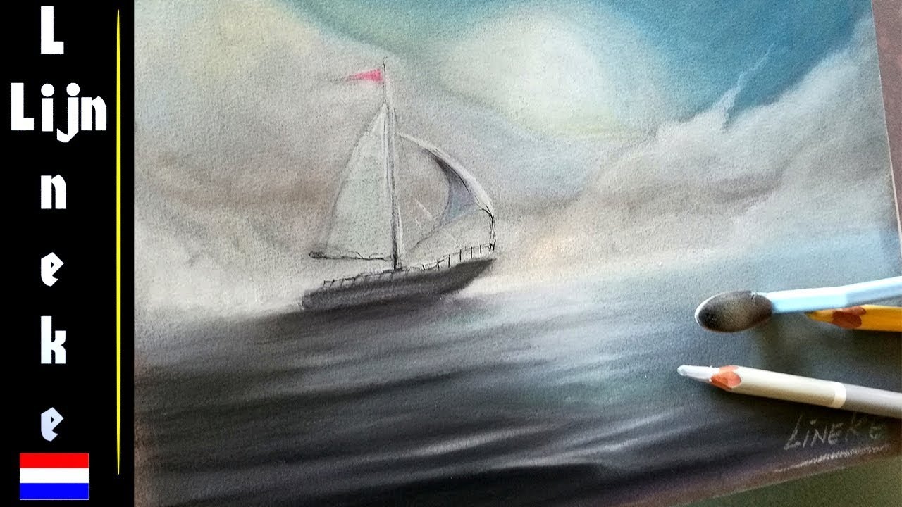 Boot en zee tekenen - pastel potlood tekening in stappen