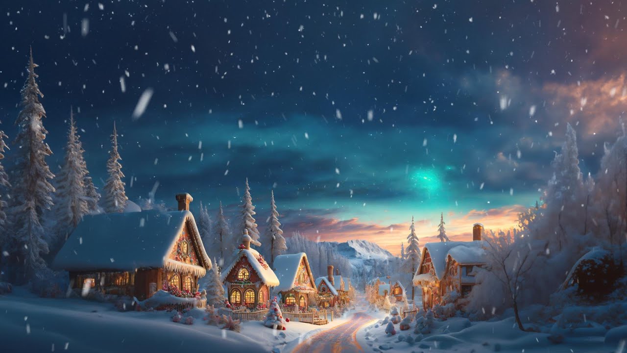 🌌 Northern Lights Over Canyon Village | 1 Hour 4K Snowfall & Cold Wind Sounds for Relaxation