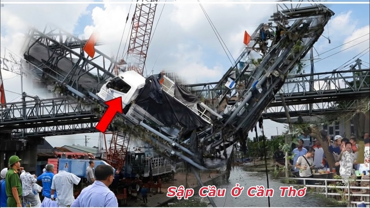 Cả 100 người dân, CSGT kéo đến coi xe cẩu cầu mới sập ở Cần Thơ Hôm Nay
