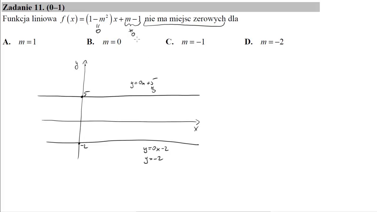 Matura Czerwiec 2018 zadanie 11 Funkcja liniowa f(x)=(1-m^2)x+m-1 nie ma miejsc zerowych dla