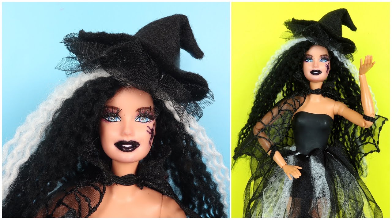 HAPPY HALLOWEEN! DIY Barbie Hairstyle & Makeup, How to Make Doll Clothes and Witch Hat Easy Hacks