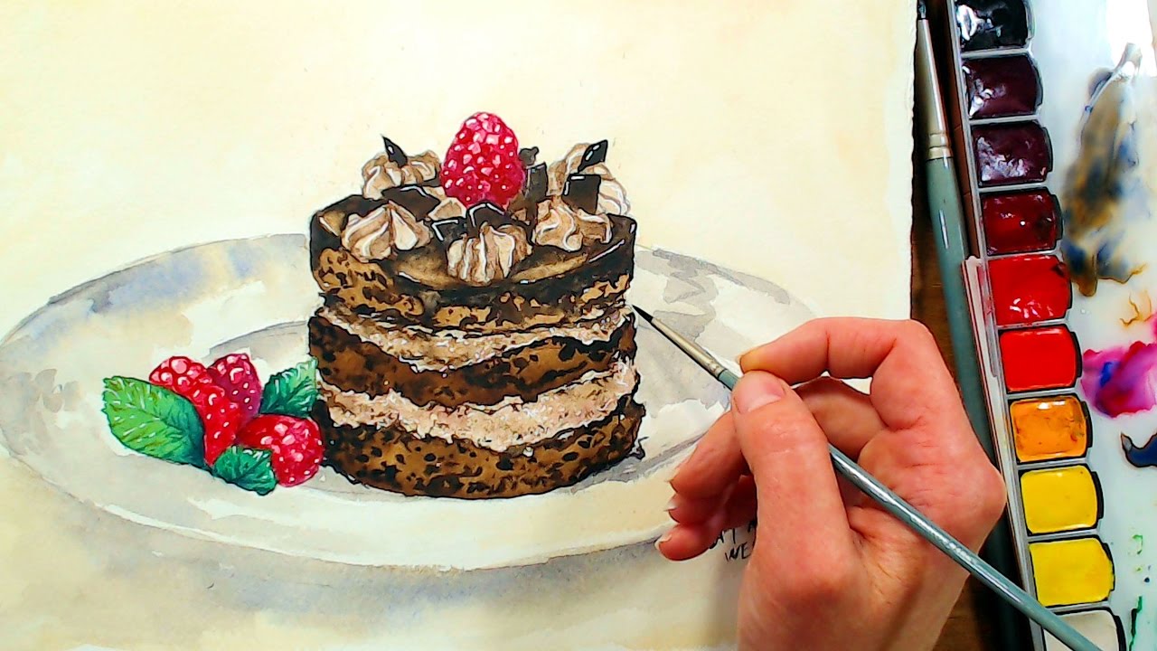 Let's Paint Yummy Chocolate Raspberry Cake in Watercolor!