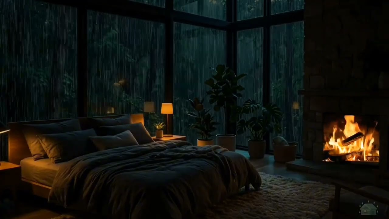Cozy Bedroom Rain Outside Window 🌧️ Fireplace Ambience 🔥 Relaxing Night Rain Sounds