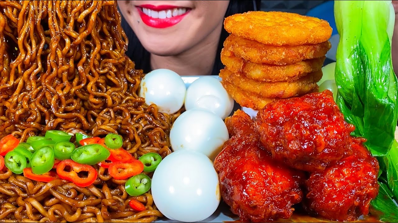 ASMR BLACK BEAN NOODLES, SPICY FRIED CHICKEN, SOFT BOILED EGGS, HASH BROWN, MASSIVE Eating Sounds