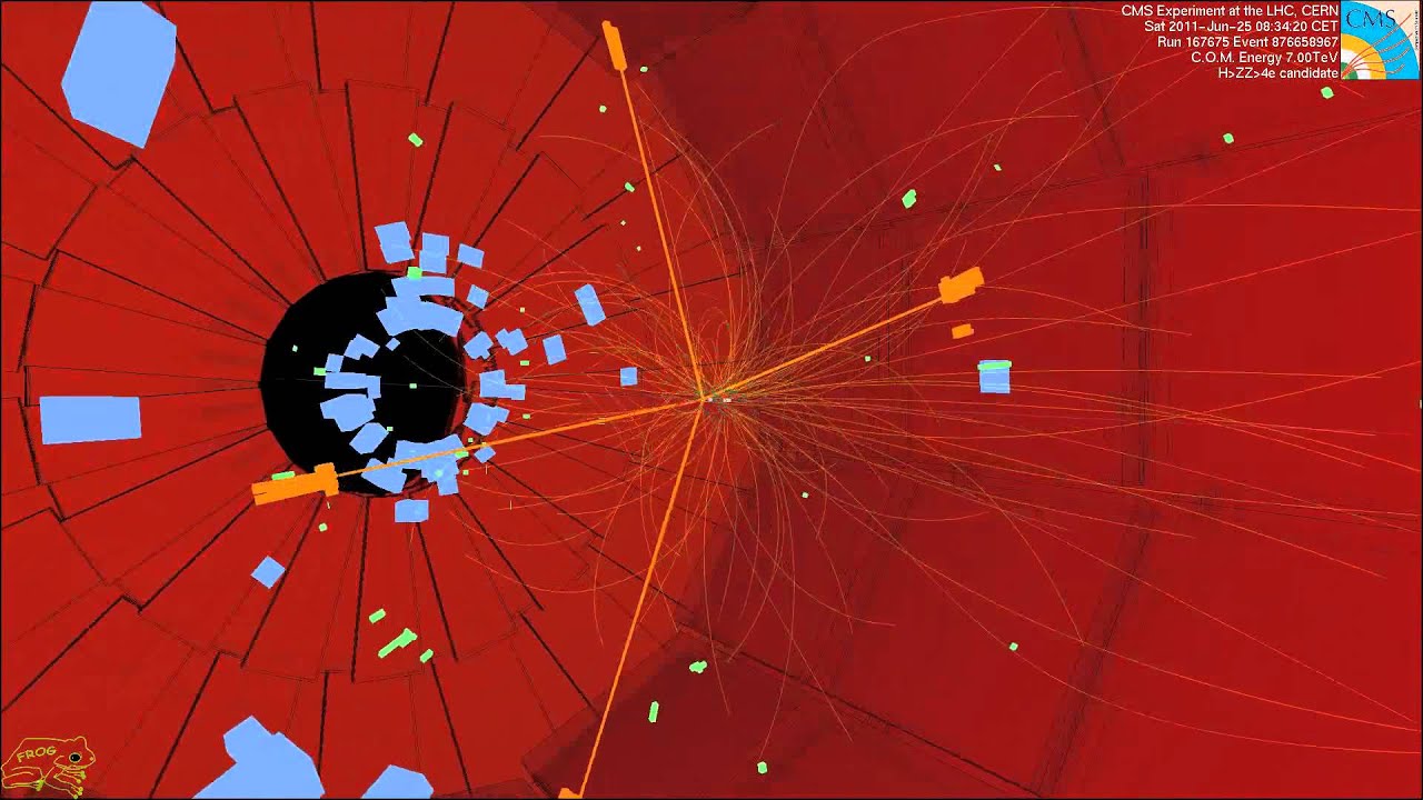 LHC collision event at CMS showing four high energy electrons (CMS Higgs search)