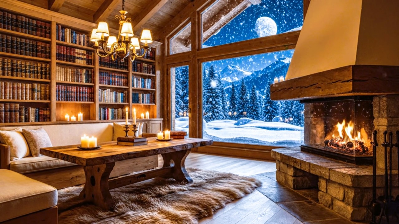 Winter Bookstore Ambience With the Snow Falling Slowly and Crackling Fireplace ❄️ Deep Sleep, Study