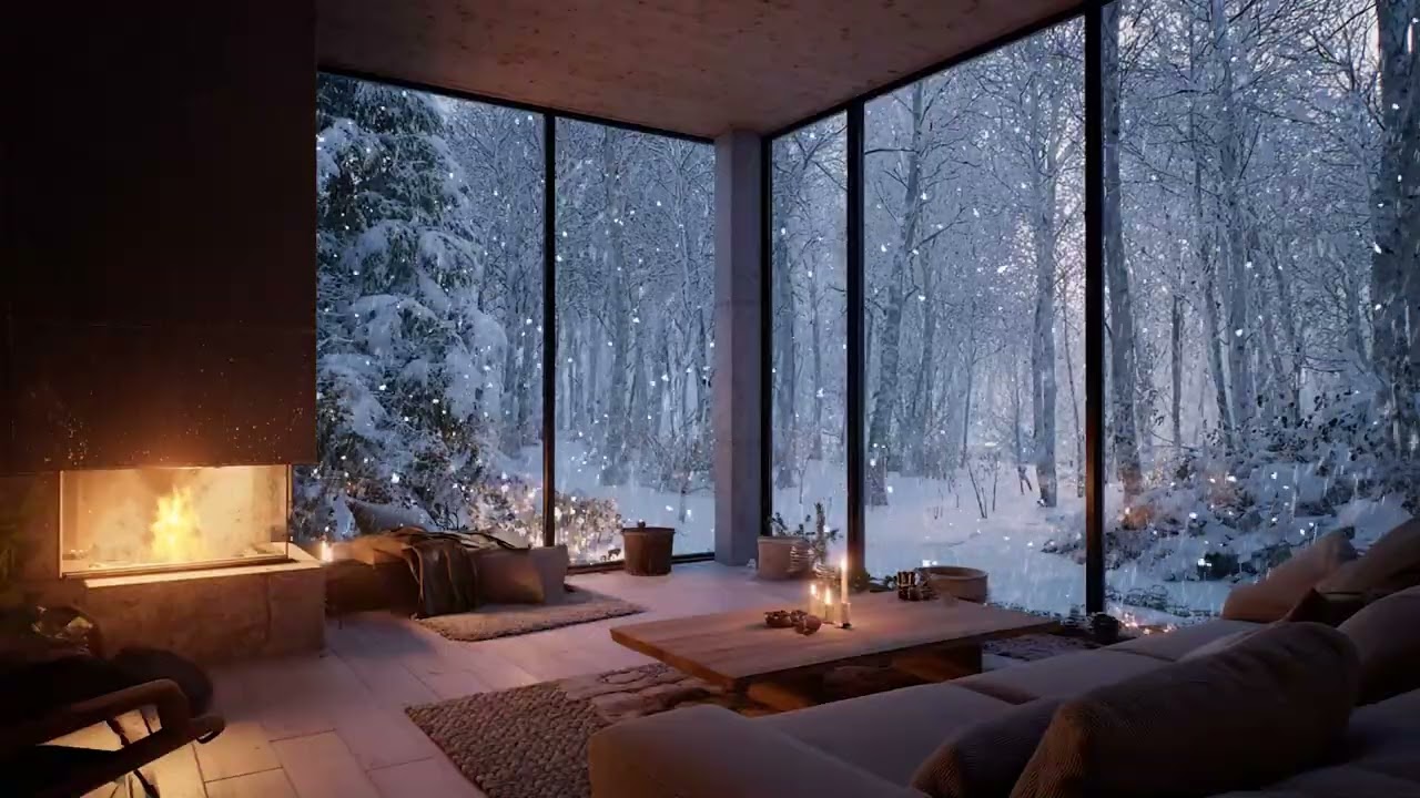🤍❄️Slow Piano in White Tones | Snow Outside the Window & Fireplace Glow